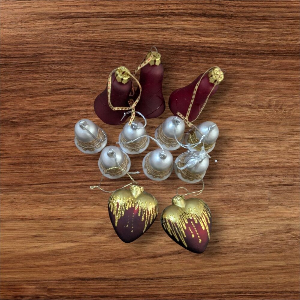 Elegant Christmas Ornament Set With Bells Hearts & Gold Accents‎ - Lot Of 12